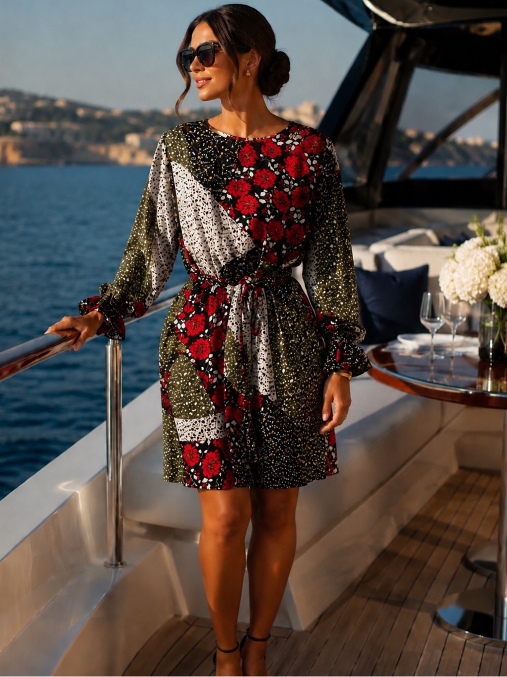 LIBBY Eldelman Floral Patchwork Long Sleeve Dress - Red, Olive, Black